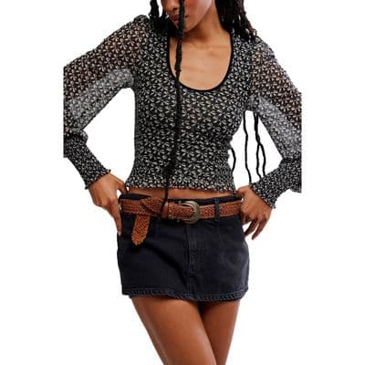 Dottie Bow Print Sheer Sleeve Smocked Top